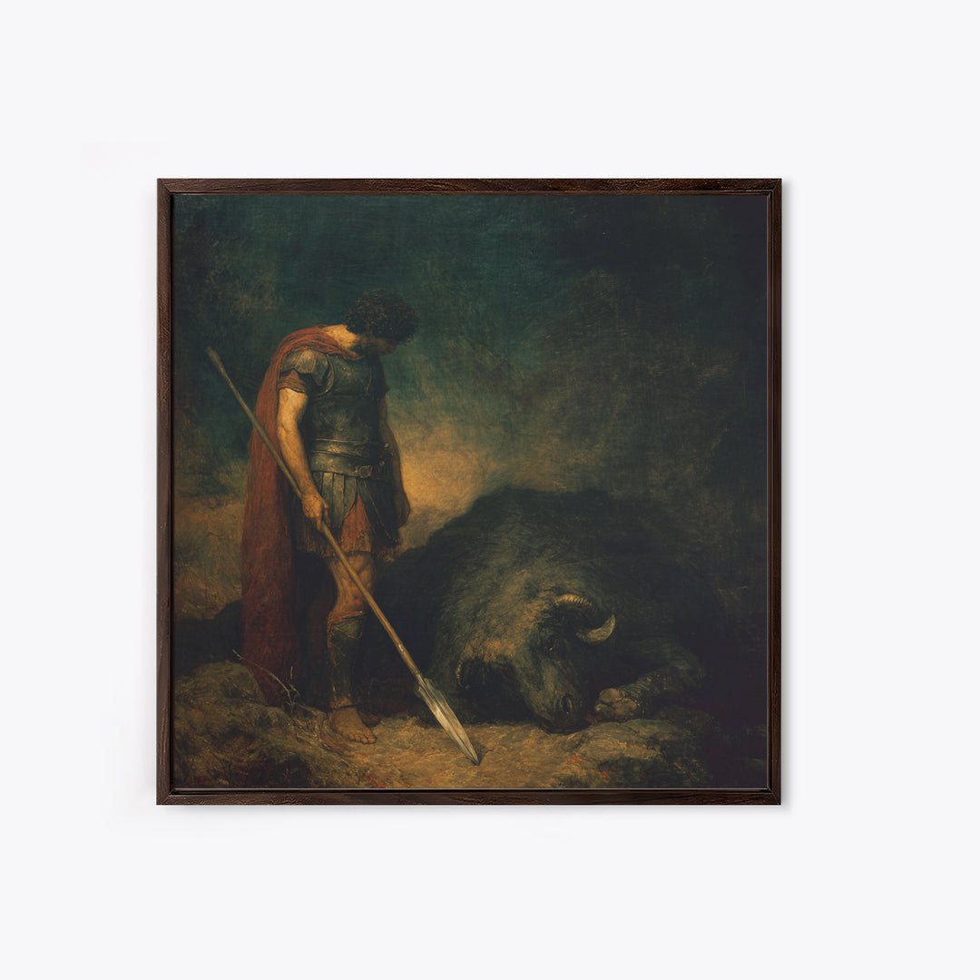 Heroic Spearman Beside Fallen Beast Wall Art, Mythological Warrior Oil Painting, Dark Fantasy Fine Art Print Living Room Decor