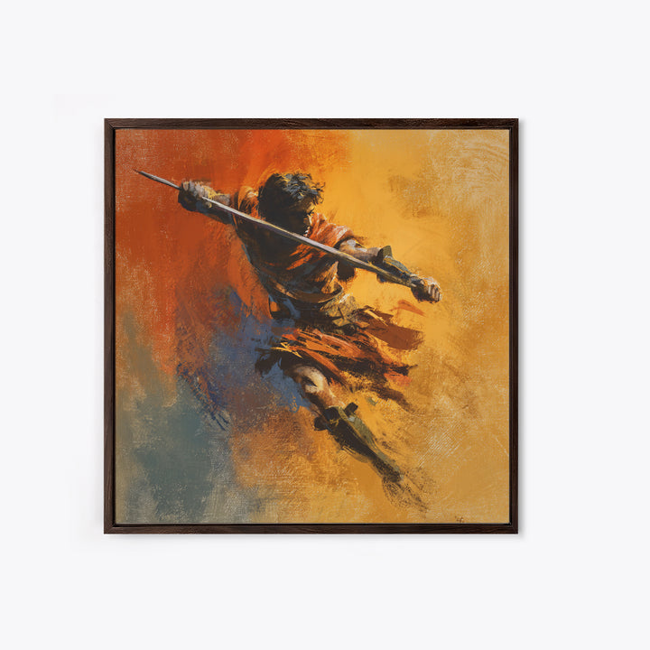 Dynamic Spear Warrior In Orange Canvas Print, Abstract Battle Figure Wall Art, Bold Fantasy Decor, Energetic Statement Art