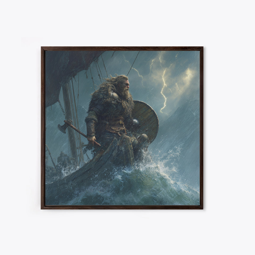 Viking Warrior In Stormy Seas Framed Canvas Print, Norse Mythology Wall Art, Dark Nautical Decor, Gift For Him, Masculine Office Art