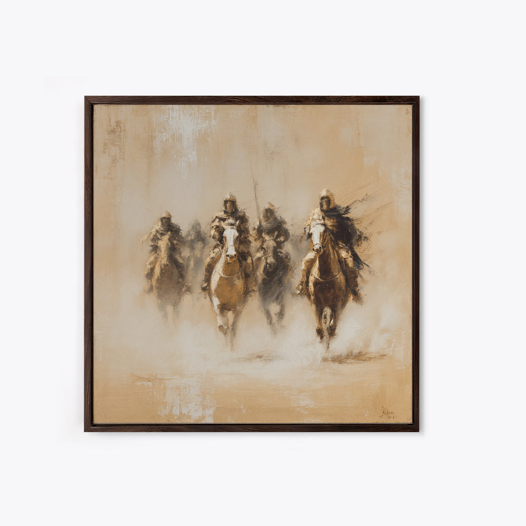 Four Dusty Medieval Horsemen Large Wall Art, Neutral Cavalry Painting, Rustic Western Canvas For Living Room And Office Decor Gift
