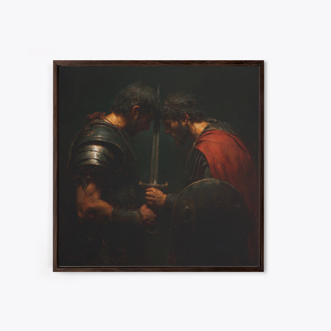Two Armored Warriors With Sword, Dark Medieval Framed Canvas Print, Masculine Office Decor, Historical Wall Art, Gift For Him