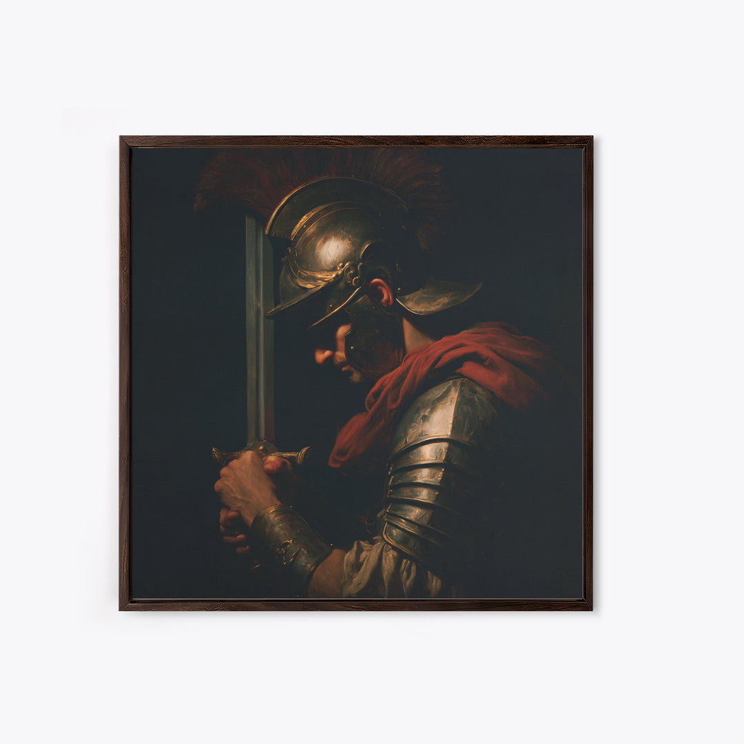 Roman Warrior With Sword And Bronze Helmet Framed Canvas Print, Dark Academia Wall Art, Mythological Art, Gift For Him, Decor