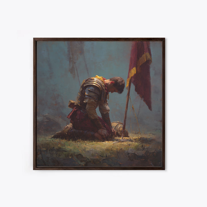 Kneeling Knight With Battle Standard Framed Canvas Print, Medieval Warrior Oil Painting, Dark Academia Wall Decor, Gift For Him