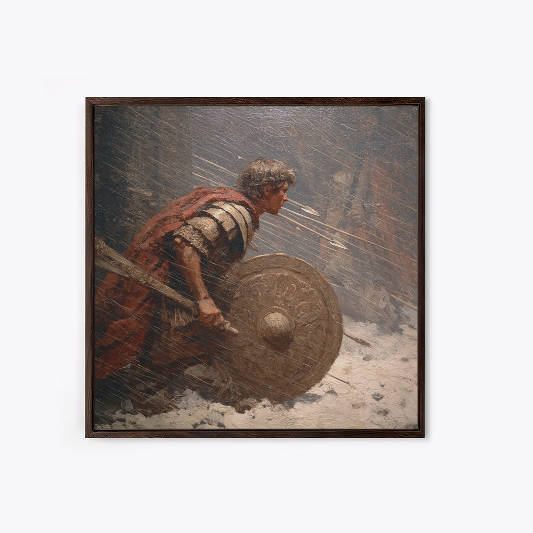 Roman Warrior Under Arrow Fire Wall Art, Snow Battle Shield Painting, Historical Canvas Print For Masculine Office Decor
