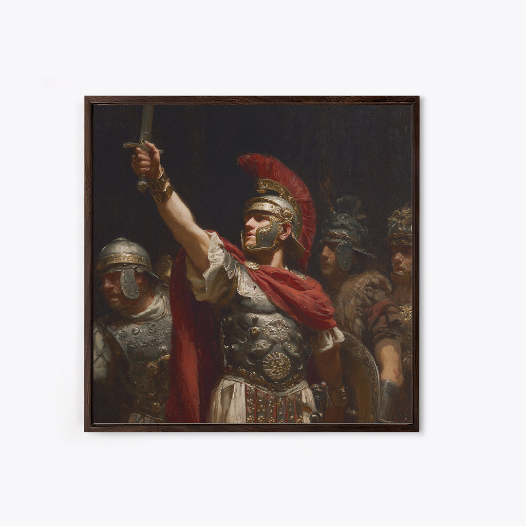 Roman Centurion Raising Sword Wall Art, Classical Warrior Oil Painting, Ancient Rome Decor, Historical Framed Canvas Print