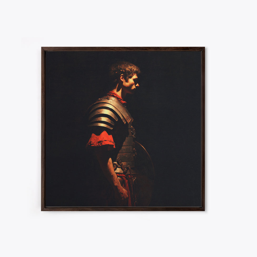 Roman Warrior In Shadow Wall Art, Dark Academia Soldier Portrait, Classical Armor Oil Painting For Masculine Office Decor