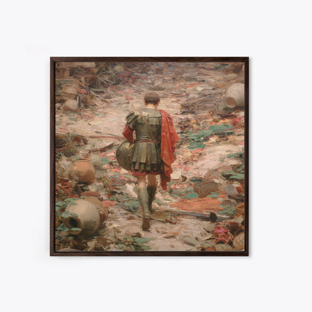 Roman Soldier In Ruined Battlefield Wall Art, Ancient Warrior Oil Painting, Classical History Decor, Dark Academia Gift Print