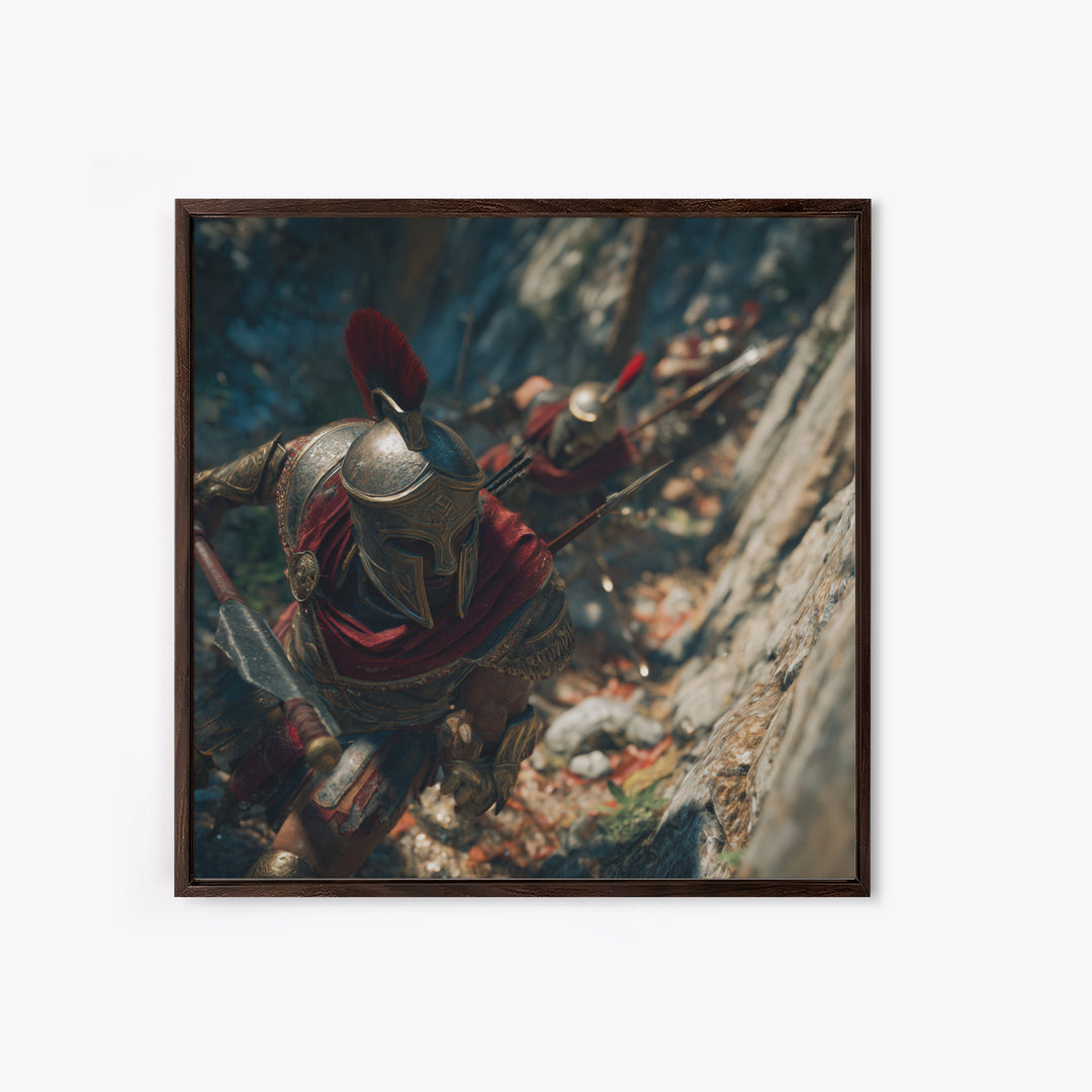 Spartan Warriors Climbing Rocky Pass Framed Canvas Print, Ancient Greek Wall Art, Roman Soldier Decor, History Gift, Fine Art