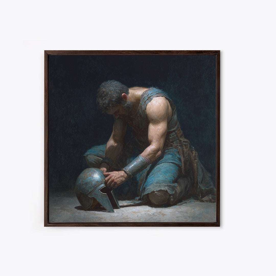 Kneeling Gladiator Holding Helmet Framed Canvas Print, Roman Warrior Oil Painting, Dark Masculine Wall Art For Office Decor