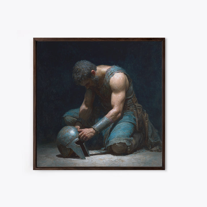 Kneeling Gladiator Holding Helmet Framed Canvas Print, Roman Warrior Oil Painting, Dark Masculine Wall Art For Office Decor