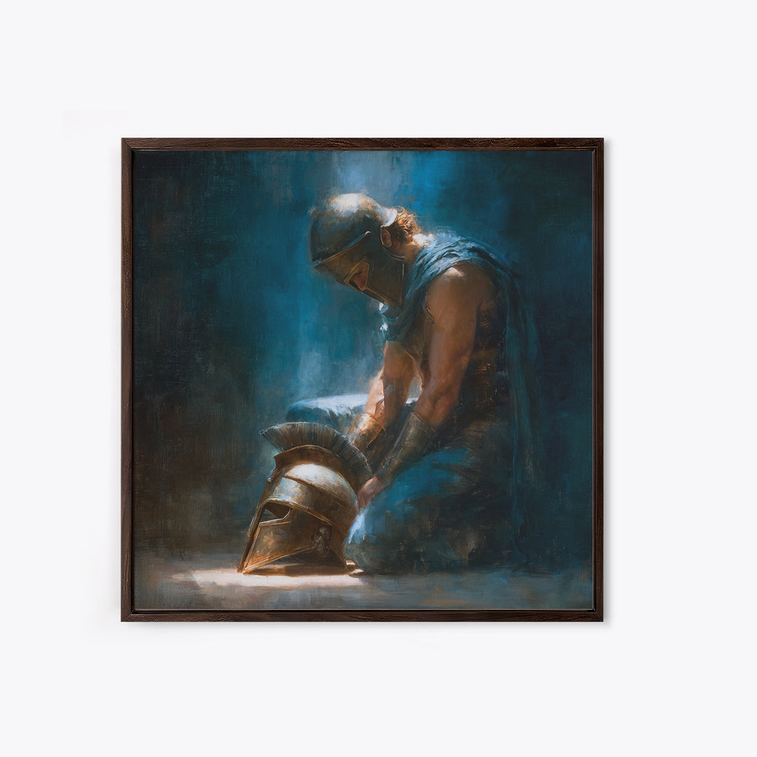 Kneeling Warrior With Bronze Helmet Framed Canvas Print, Dark Roman Oil Painting, Moody Masculine Office Wall Art Decor Gift