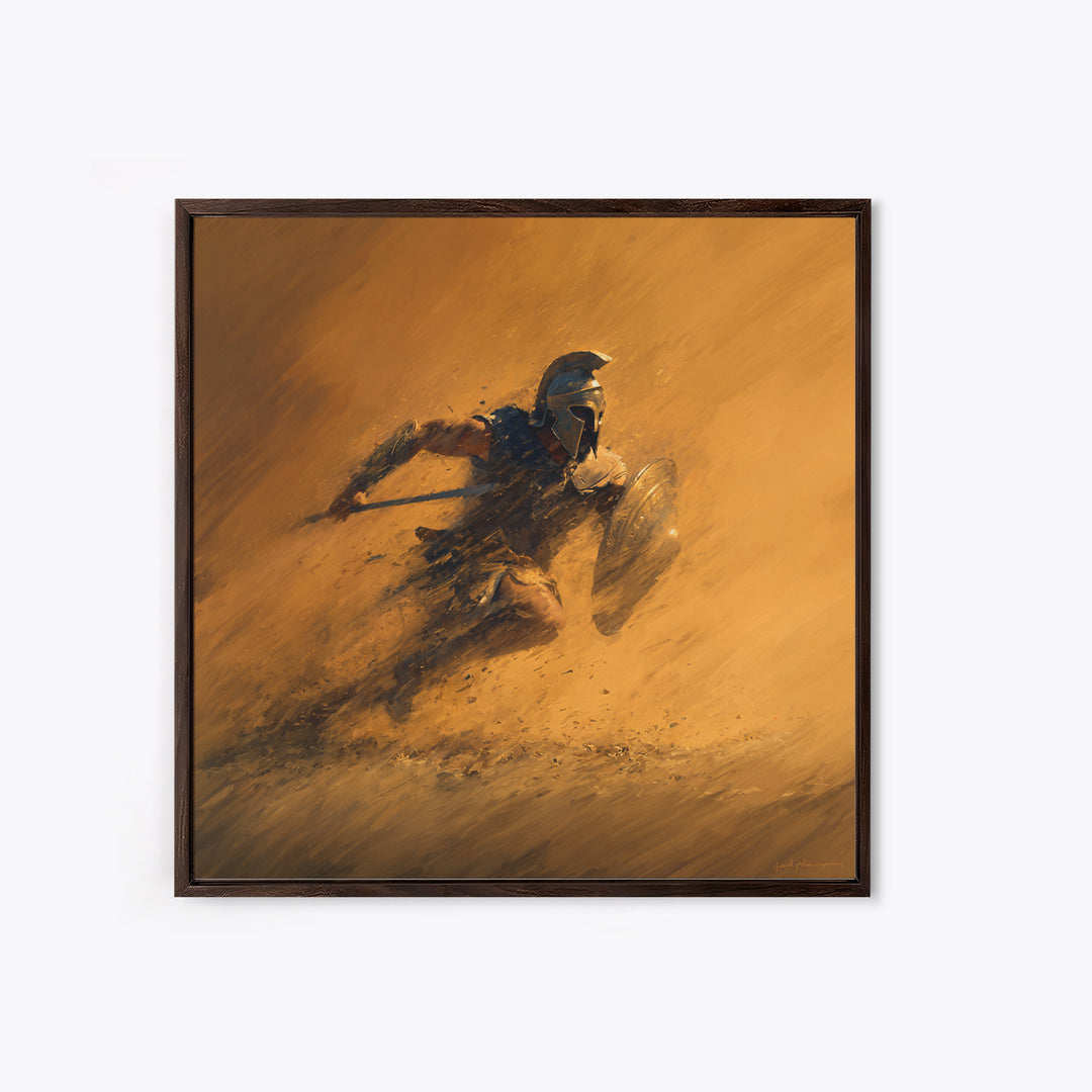 Spartan Warrior Charging Through Sandstorm Canvas Print, Greek Wall Art, Action Painting, Warm Orange Decor, Gift For Him