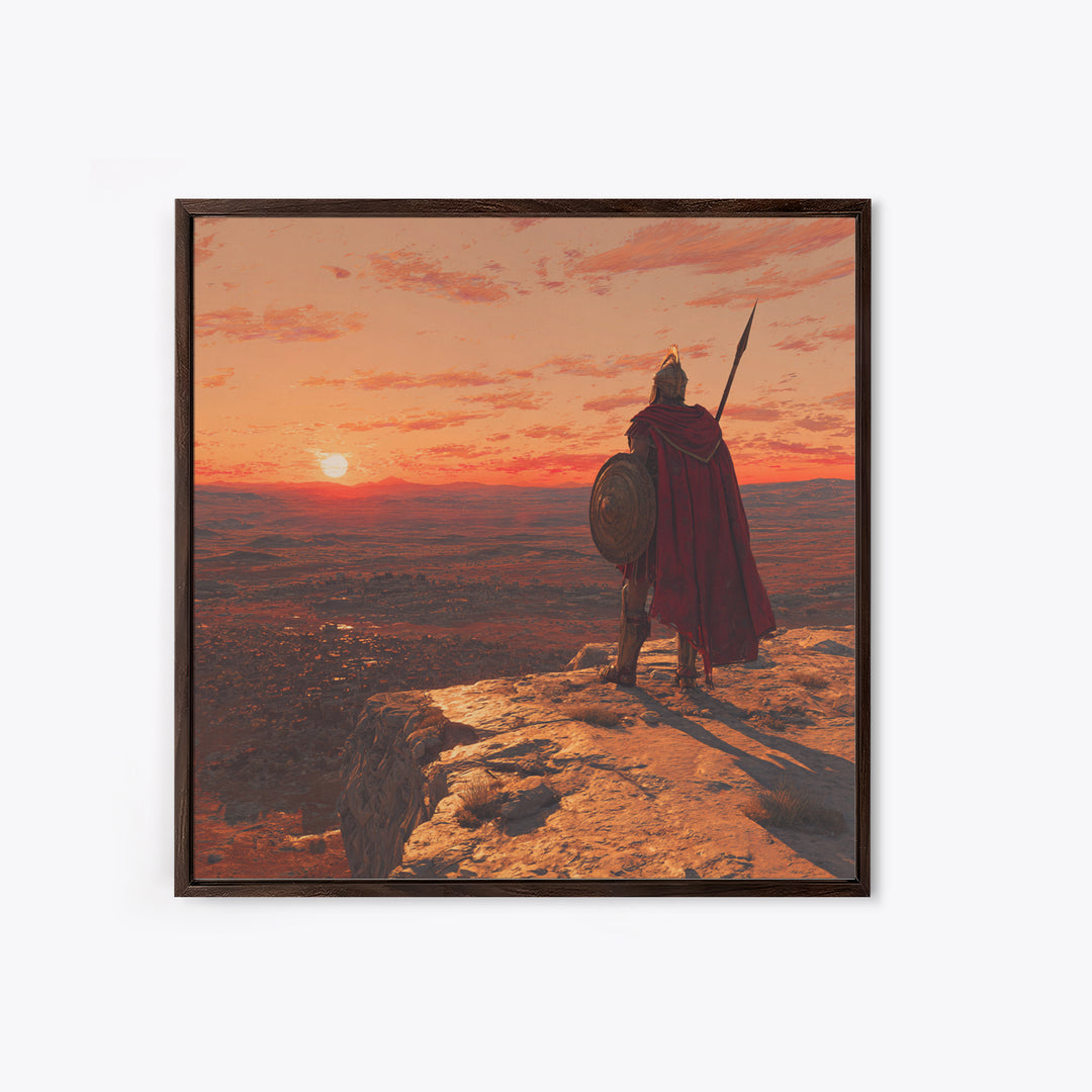 Ancient Warrior At Sunset Over Valley Canvas Print, Spartan Wall Art, Historical Landscape, Masculine Office Decor Gift Idea