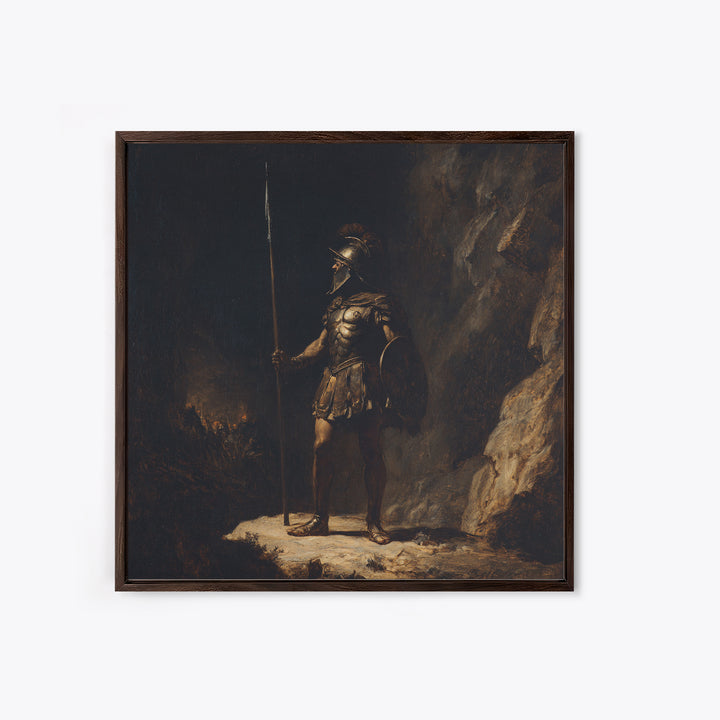 Ancient Spearman Guard In Dark Cave Canvas Print, Historical Classical Warrior Art, Moody Wall Decor, Masculine Office Decor