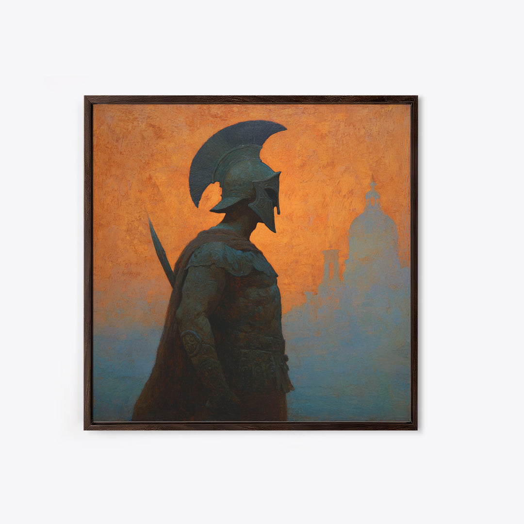 Spartan Warrior Silhouette Canvas Print, Orange Ancient Cityscape, Greek Mythology Wall Art, Classical History Home Decor