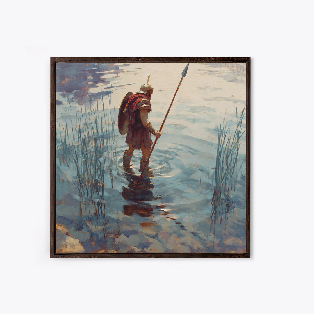 Solitary Warrior Wading Through Water Wall Art, Roman Spearman Landscape, Coastal Blue Canvas Print For Living Room Decor