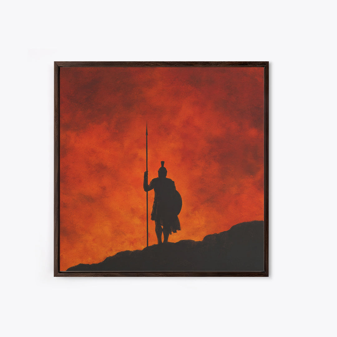 Spartan Silhouette With Spear At Red Sunset Framed Canvas Print, Greek Wall Art, Mythological Art, Dramatic Wall Decor, Gift For Him