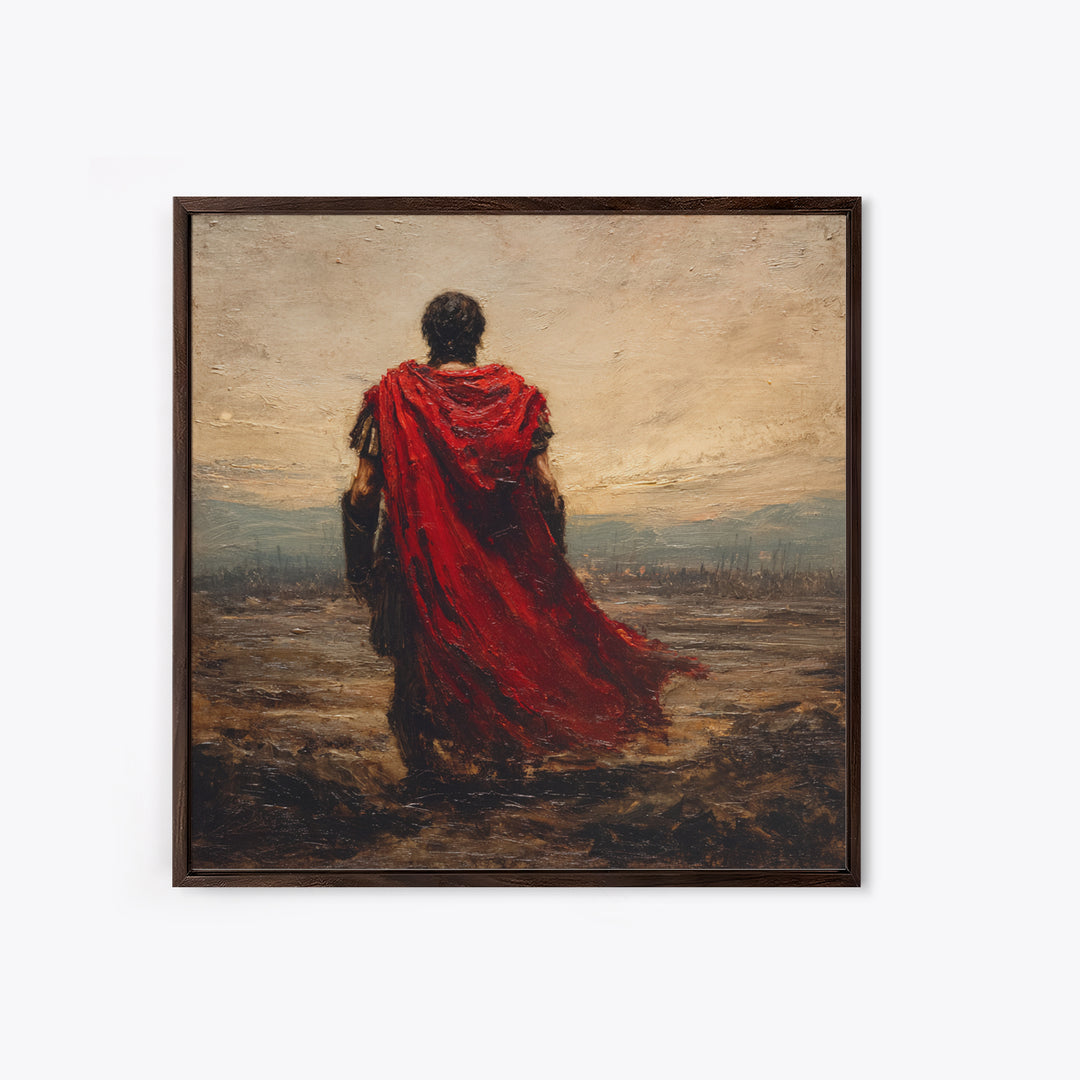 Red Cloaked Roman Warrior Framed Canvas Print, Ancient Battlefield Oil Painting, Classical Landscape Wall Art For Office
