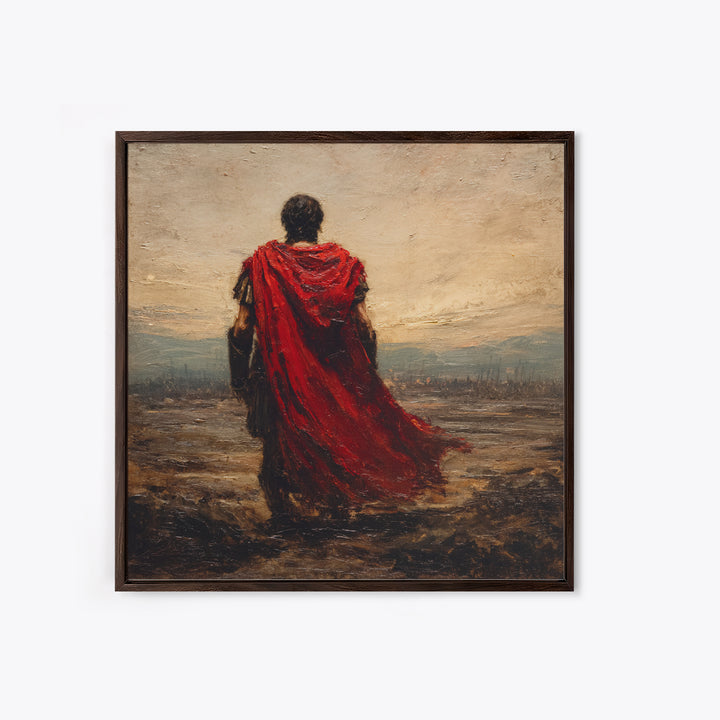 Red Cloaked Roman Warrior Framed Canvas Print, Ancient Battlefield Oil Painting, Classical Landscape Wall Art For Office