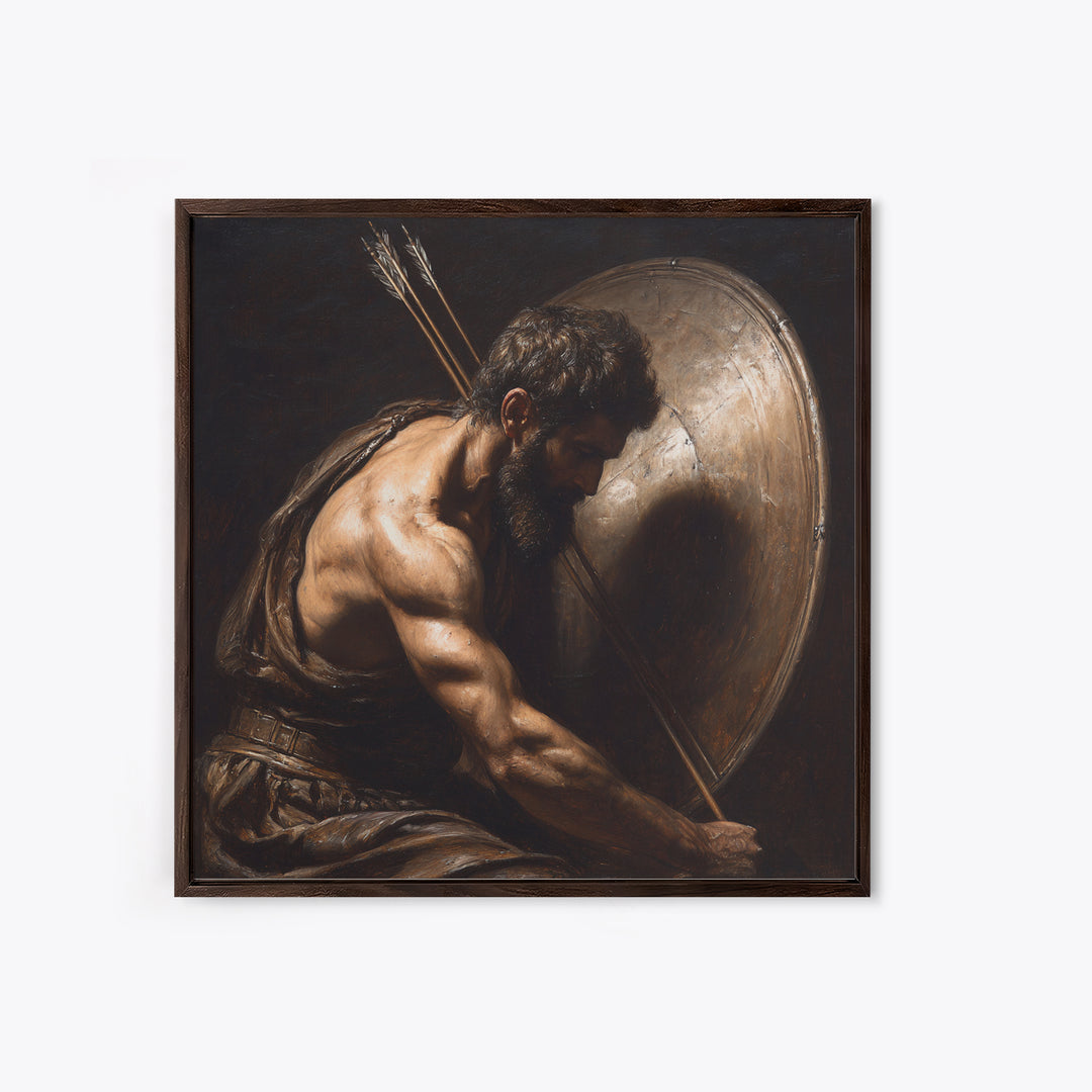 Bearded Warrior With Shield Wall Art, Classical Figurative Oil Painting, Dark Masculine Decor, Gift For Him, Office Decor