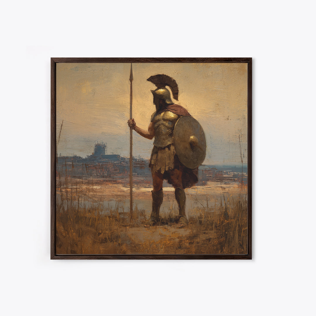 Spartan Guard With Spear And Shield Canvas Print, Greek Warrior Landscape, Ancient History Wall Decor, Masculine Office Art