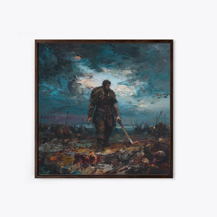 Brooding Warrior With Sword On Stormy Battlefield Canvas Print, Dark Fantasy Art, Masculine Office Decor, Gift For Him, Wall Decor
