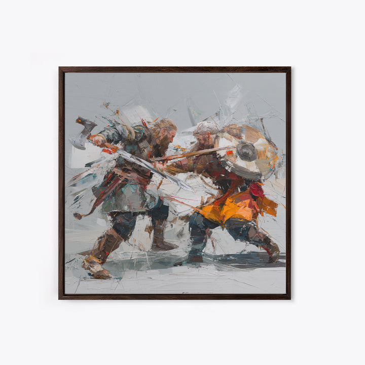 Viking Duel With Swords And Shields Canvas Print, Abstract Warrior Battle Painting, Dynamic Modern Wall Art For Game Room