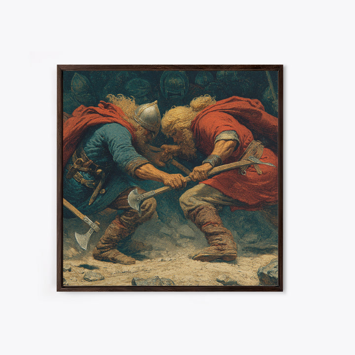 Clashing Viking Warriors With Axes Wall Art, Nordic Battle Painting, Historical Canvas Decor, Dramatic Masculine Office Art
