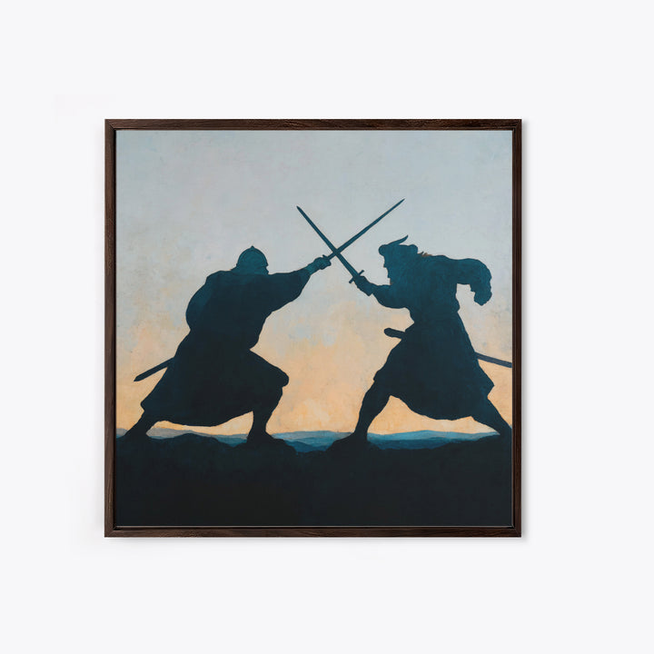 Silhouette Sword Duel At Sunset Canvas Print, Medieval Warrior Wall Decor, Viking Battle Art, Minimalist Masculine Gift For Him