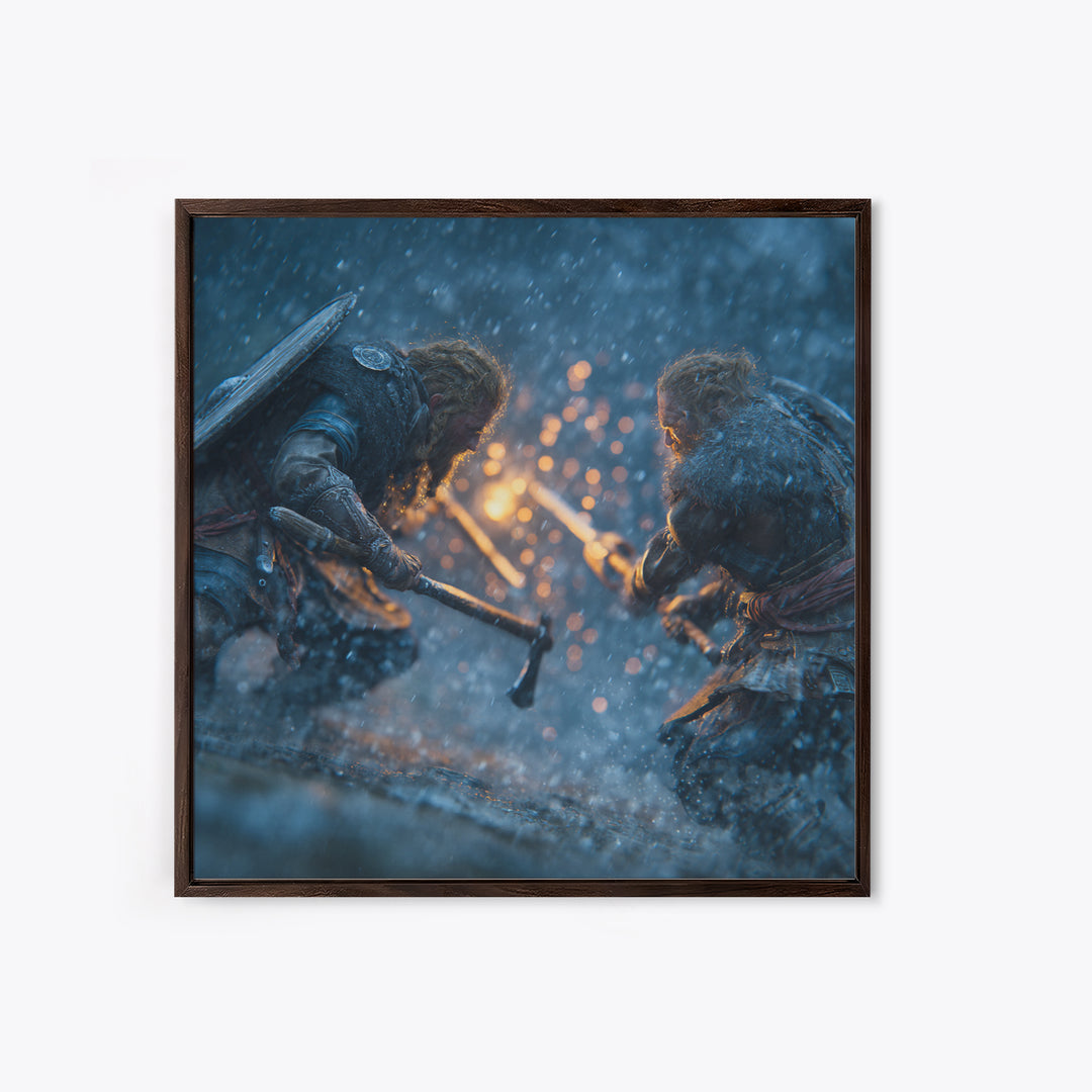Snowy Viking Duel With Axes Wall Art, Norse Battle Canvas Print, Dark Fantasy Decor, Action Artwork, Gift For Him, Nordic Decor