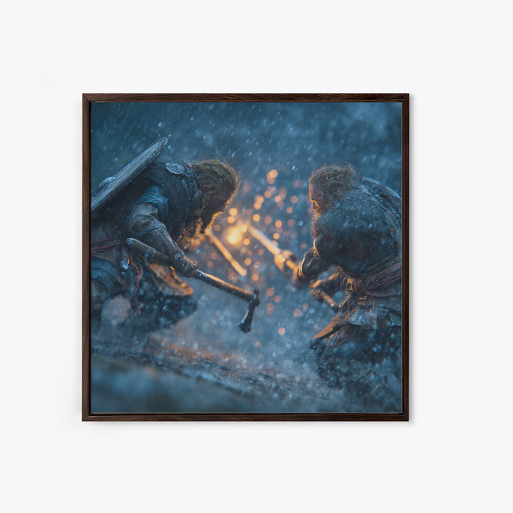 Snowy Viking Duel With Axes Wall Art, Norse Battle Canvas Print, Dark Fantasy Decor, Action Artwork, Gift For Him, Nordic Decor