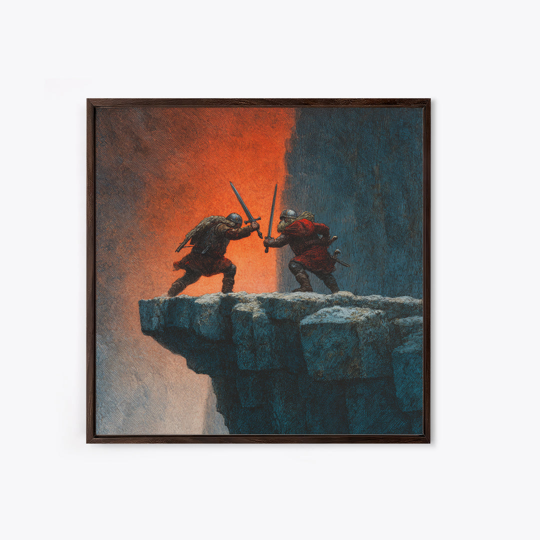 Cliffside Sword Duel Wall Art, Medieval Warriors Battle At Sunset, Dark Fantasy Canvas Print For Game Room And Office Decor