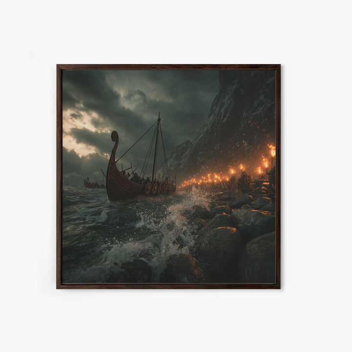 Viking Longship Stormy Shore Framed Canvas Print, Norse Seascape, Dark Fantasy Wall Decor, Masculine Office Art, Viking Wall Art