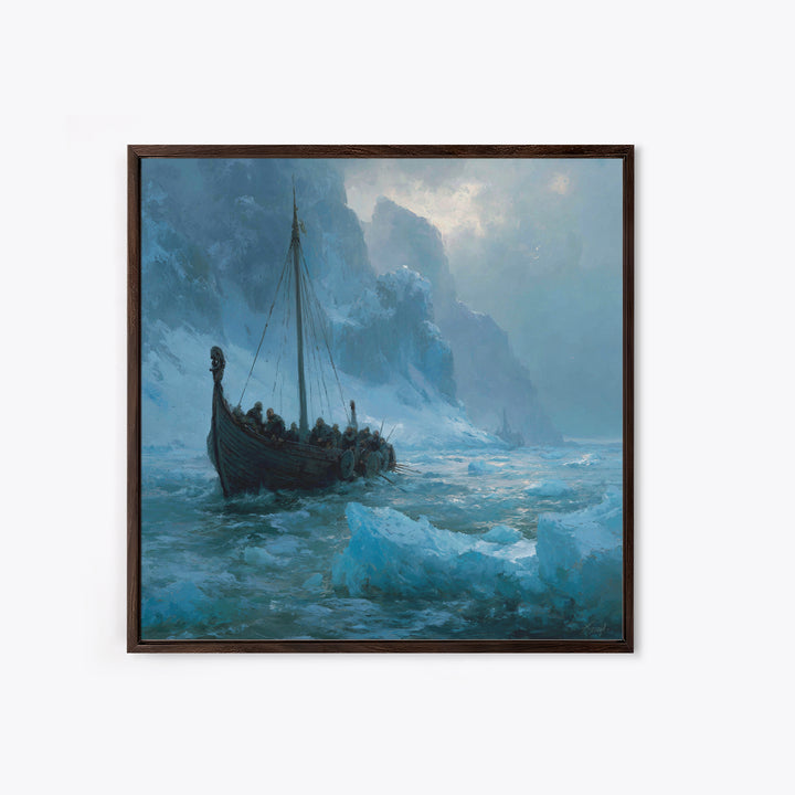 Viking Longship In Icy Fjord, Arctic Seascape Wall Art, Norse Landscape Canvas Print, Coastal Winter Decor, Gift For Him