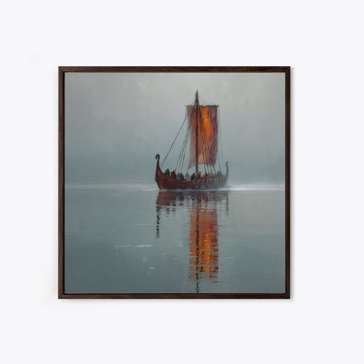 Misty Viking Longship With Red Sail Canvas Print, Nordic Seascape Oil Painting, Nautical Wall Decor, Scandinavian Art, Home Decor