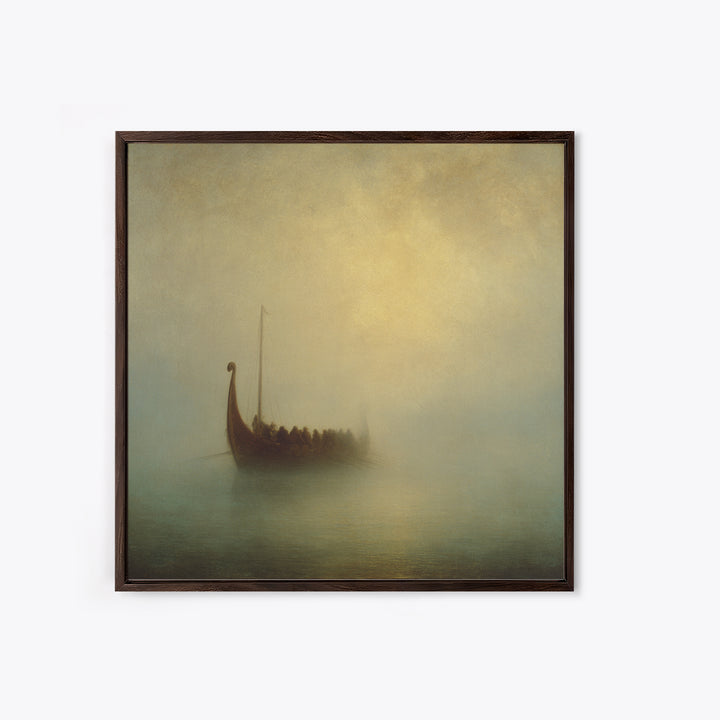 Foggy Viking Longship On Quiet Sea Canvas Print, Nautical Wall Art, Seascape Art, Nordic Art Print, Coastal Home Decor, Wall Decor