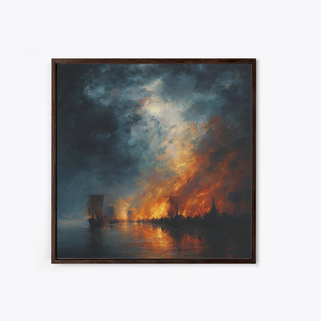 Burning Harbor Ships At Night Wall Art, Moody Seascape Painting, Dramatic Ocean Canvas Art, Dark Coastal Living Room Decor
