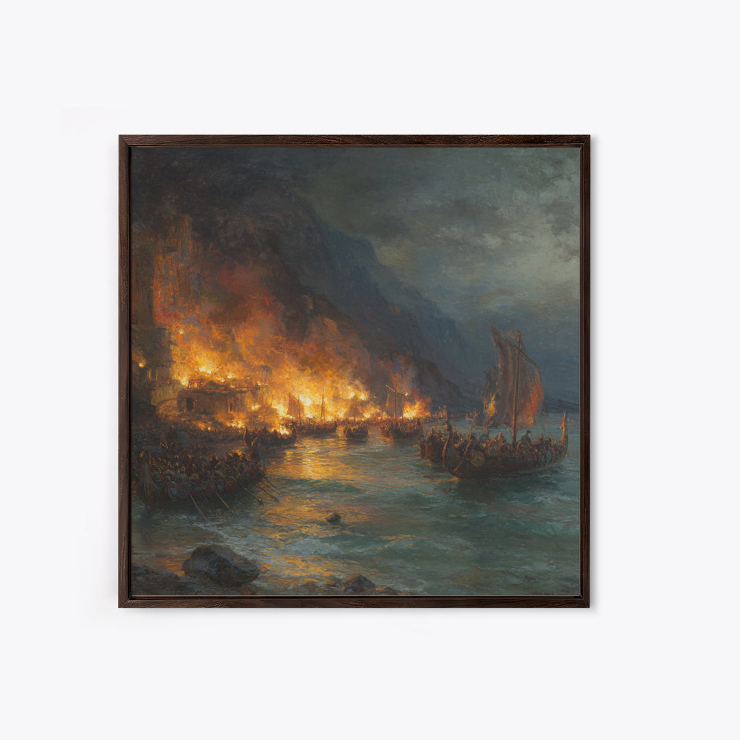 Burning Harbor With Viking Longships Framed Canvas Print, Seascape Art, Historical Wall Art, Dark Nautical Decor, Man Cave Decor