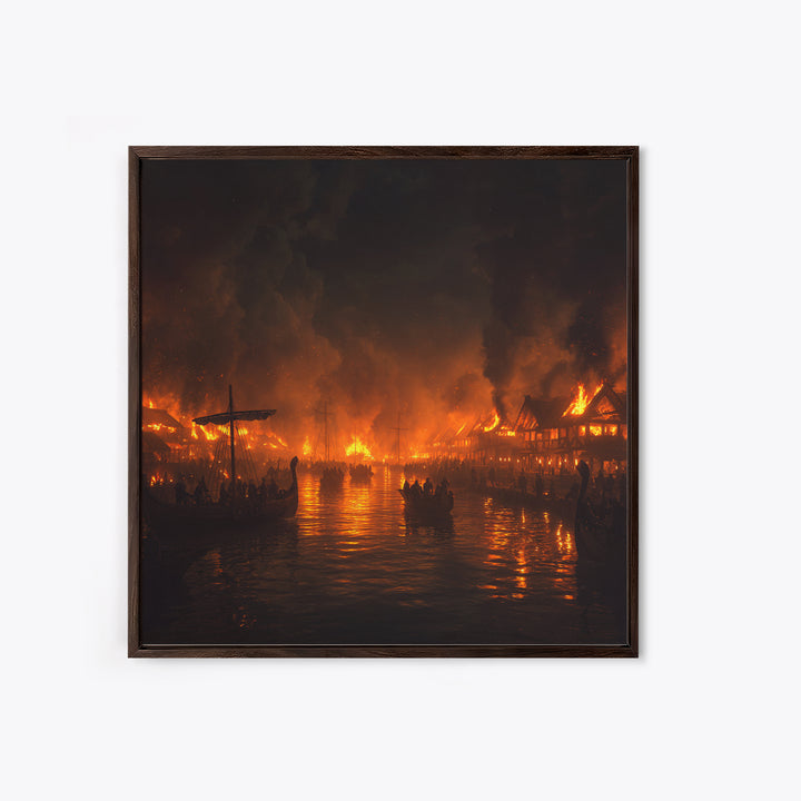 Burning Medieval Harbor And Viking Ships Wall Art, Dark Fantasy Fire Painting, Dramatic Historical Canvas Home Decor, Luxury Wall Decor