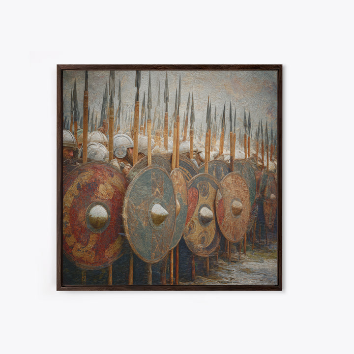 Ancient Shield Wall With Spears Canvas Print, Greek Hoplite Army Wall Art, Historical Battle Decor, Textured Oil Painting