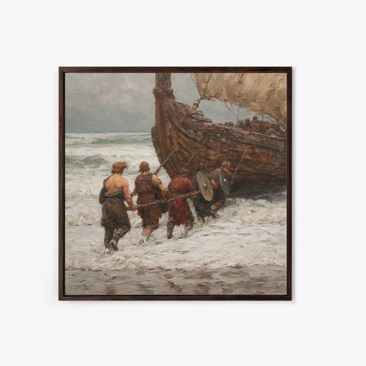 Viking Longship Landing On Stormy Shore Canvas Print, Norse Seascape Oil Painting, Nautical Coastal Wall Decor For Living Room