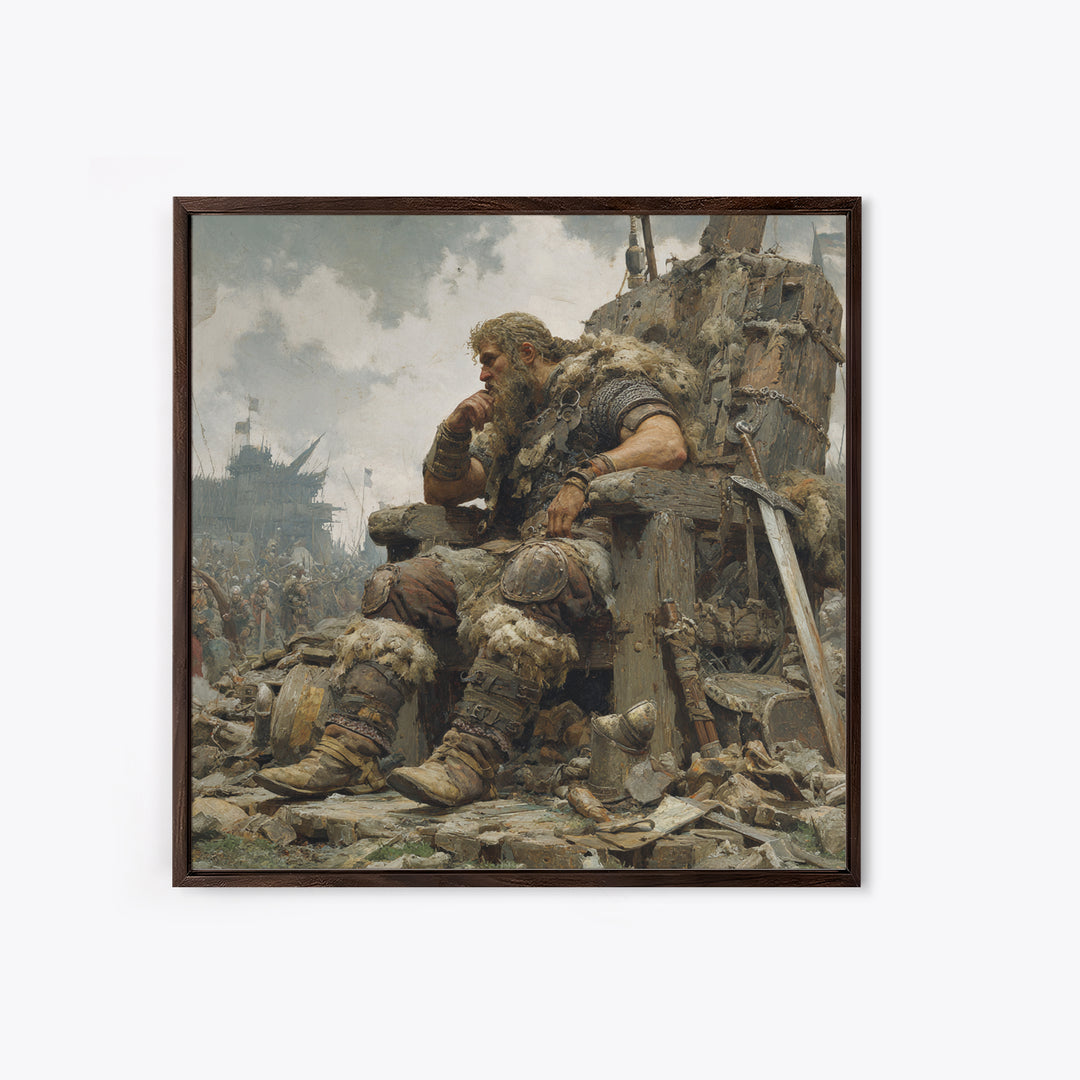 Viking Chieftain On Ruined Throne Framed Canvas Print, Norse Warrior Oil Painting, Rustic Medieval Wall Decor, Gift For Him