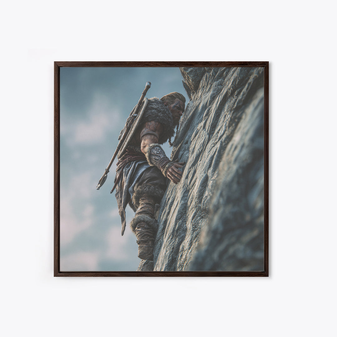 Viking Cliff Climber Warrior Wall Art, Norse Fantasy Canvas Print, Adventure Decor, Mountain Artwork, Gift For Him, Rustic Home Decor