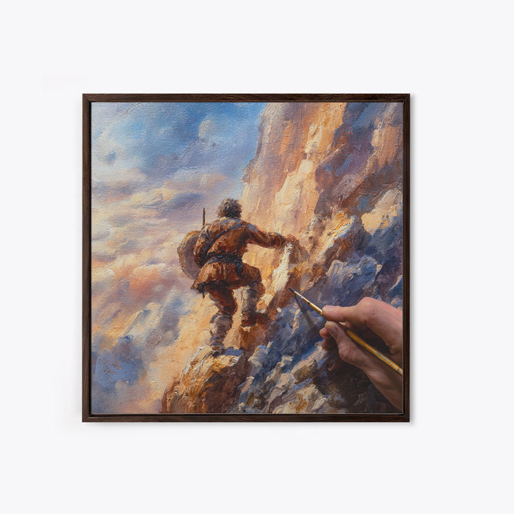 Mountain Climber Adventure Wall Art, Painterly Alpine Oil Painting, Rugged Landscape Canvas Print, Gift For Adventurer Decor