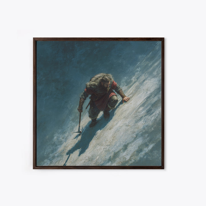 Lone Viking Climbing Icy Mountain Wall Art, Nordic Warrior Oil Painting, Dark Adventure Landscape Office Decor Gift For Him