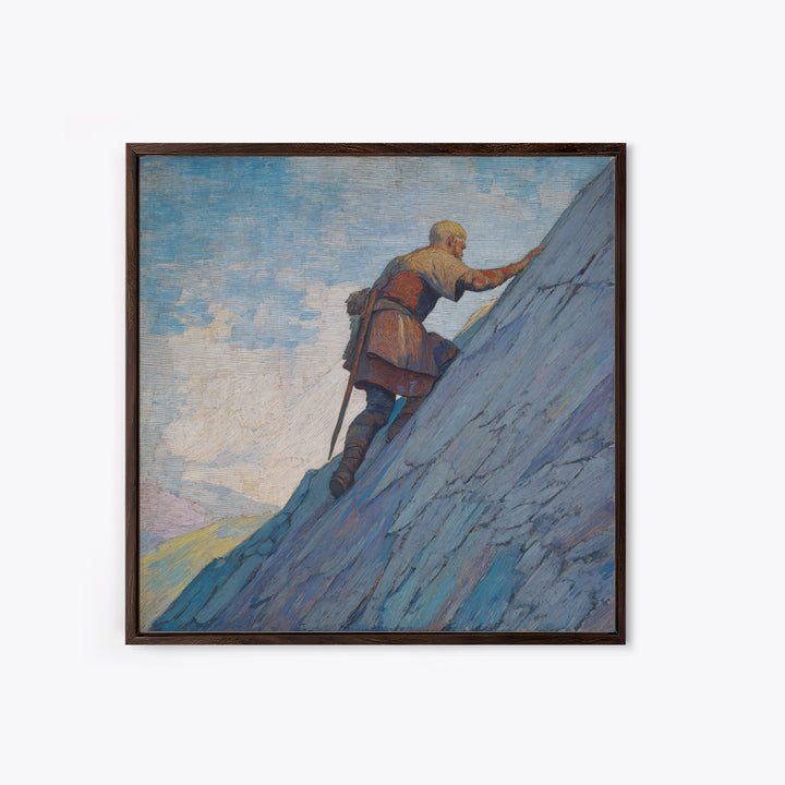 Lone Viking Climbing Icy Mountain Canvas Print, Fantasy Adventure Landscape Art, Nordic Wall Decor, Motivational Office Art