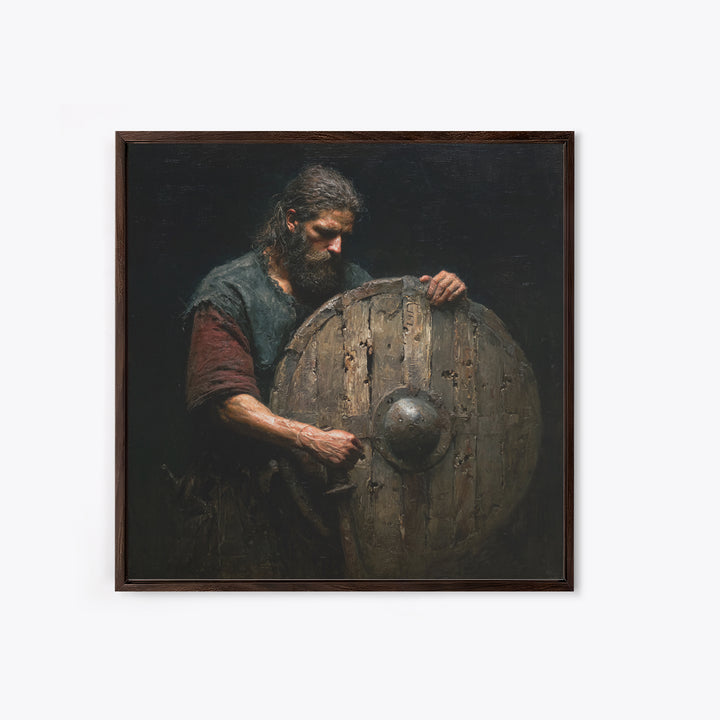 Bearded Warrior Holding Weathered Wooden Shield Canvas Print, Rustic Wall Art, Viking Art, Dark Academia Decor, Gift For Him