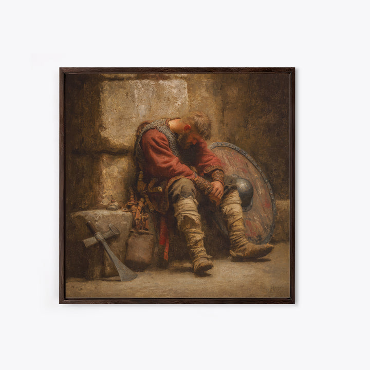 Exhausted Viking Warrior Wall Art, Medieval Shield And Axe Painting, Rustic Historical Canvas Print For Man Cave And Office Decor