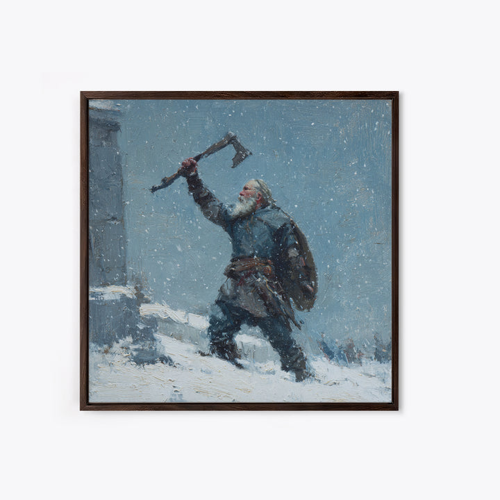 Snowy Viking Warrior Raising Axe Canvas Print, Norse Wall Art, Winter Landscape Art, Rustic Home Decor, Gift For Him, Cabin Decor