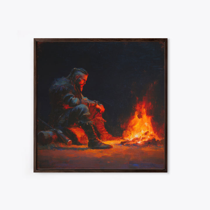 Viking Warrior Beside Fire Framed Canvas Print, Dark Fantasy Art, Nordic Wall Decor, Masculine Man Cave Office Decor Gift For Him